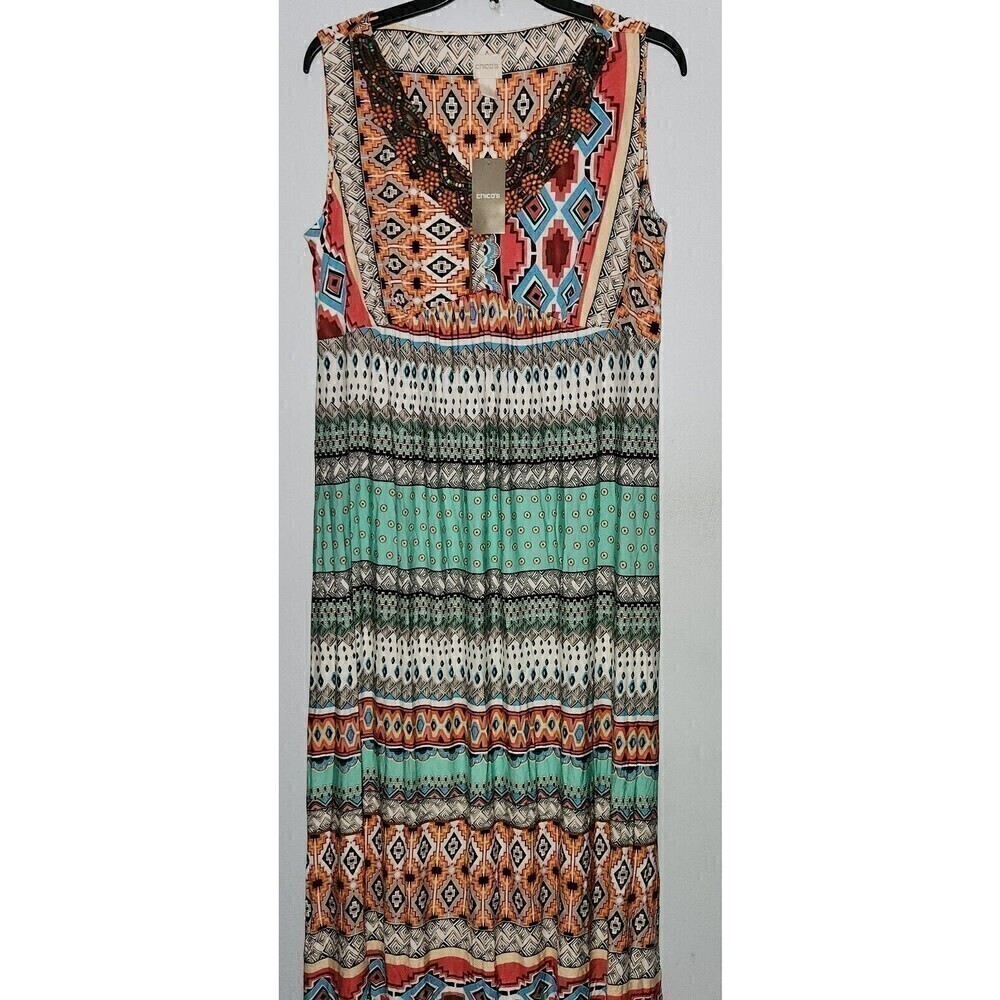Chico's New 2P Petites Maxi Dress Beaded Empire Waist Multi-print MSR $139
